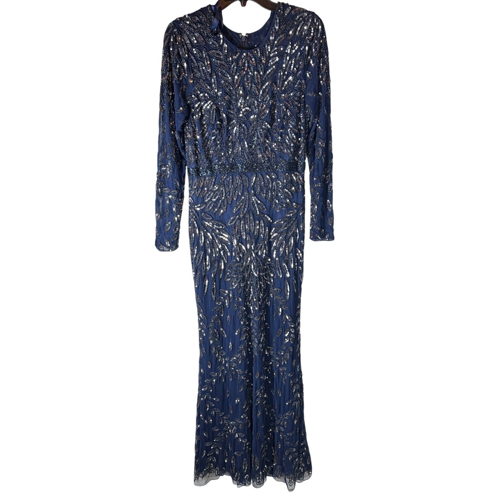 Mac Duggal Womens Gown 10 Midnight Blue Sequin Leaf Long Sleeve Floor Length NWT